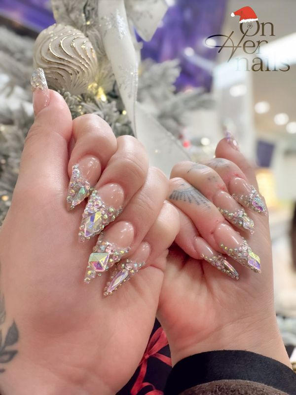 Luxury Nude Stiletto Nails with Full Crystal Bling - On Her Nails
