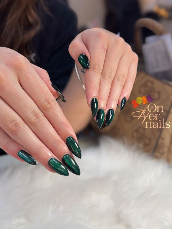 Mystical Emerald Green Cat-Eye Almond Nails - On Her Nails