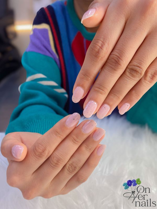 Natural Pink BIAB Gel Overlay with Minimalist Speckles - On Her Nails